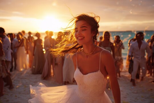 Joyful bride celebrating on the beach at sunset surrounded by friends and family during a wedding reception