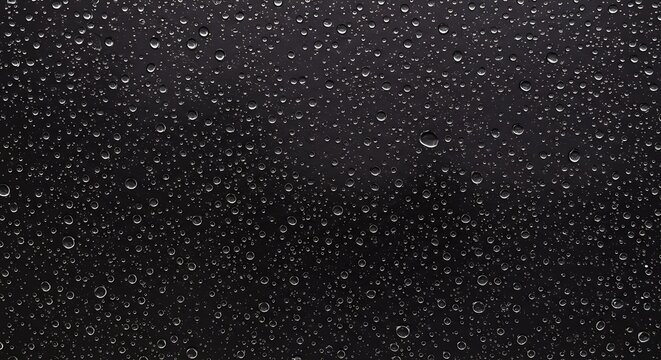 Dark surface covered in water droplets of varying sizes and densities