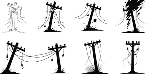 Damaged utility poles with broken wires, black and white vector illustration, infrastructure failure, safety hazard, electric grid collapse, engineering concept