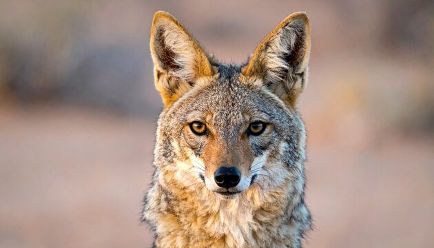 A close-up portrait of a coyote with sharp, focused eyes, standing in a natural outdoor environment with blurred background.