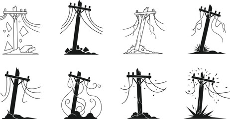 Damaged utility poles with environmental impact, black and white vector illustration, infrastructure failure, wire collapse, disaster scene, silhouette art