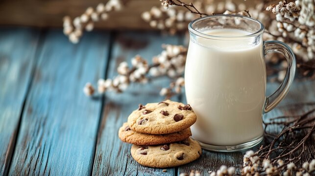 A glass of milk sits next to a stack of chocolate chip cookies, accompanied by a sprig of willow branches on a rustic blue wooden table.