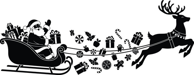 Santa Claus flying sleigh with reindeer and falling gifts, Christmas silhouette illustration, festive winter holiday vector art, black and white design