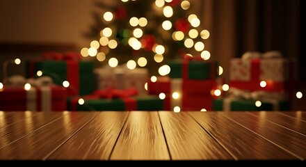 Wooden table with blurred festive christmas tree lights and gift boxes in background, creating a warm holiday season celebration concept for product display.