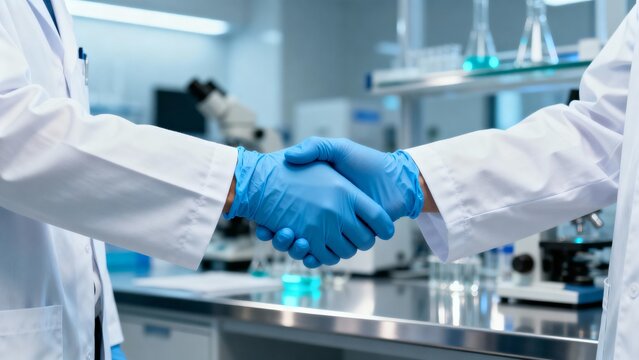 Close up handshake between medical professionals in white lab coats symbolizing partnership and cooperation in modern clinical laboratory
