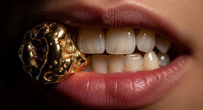 A close-up of a woman's lips with a rough handmade gold piece held between her teeth
