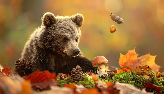 Foto 子グマ, クマ, かわいい, 森の中, 秋の風景, 落ち葉, どんぐり