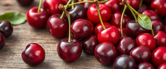 Close-up of ripe cherries scattered on rustic wooden background, organic, food photography