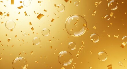 Golden celebration background with floating transparent bubbles and sparkling metallic confetti, creating a luxurious and festive atmosphere for events and promotions.