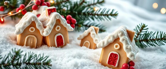 Cozy winter scene with iced sugar cookies shaped like houses, snow, and evergreen branches, cookies, cute