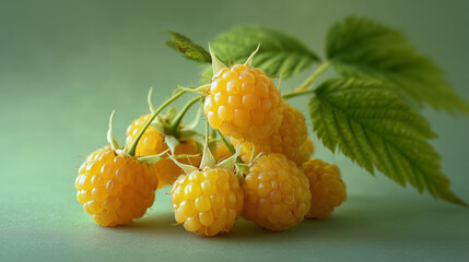 Fresh yellow raspberries arranged on a green background display vibrant colors