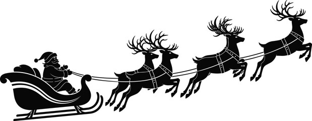 Santa Claus silhouette riding sleigh with three reindeer, flying Christmas scene, festive winter holiday illustration, black decorative seasonal artwork