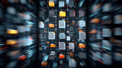 Digital data stream with documents and binary code flowing in a futuristic background of technology and innovation