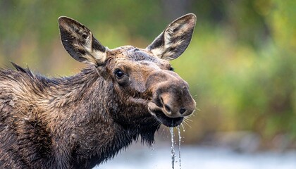 A close-up portrait of a majestic moose with water dripping from its mouth, showing detail.