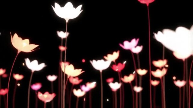 Illustration of glowing, stylized flowers with long stems against a dark, abstract background.