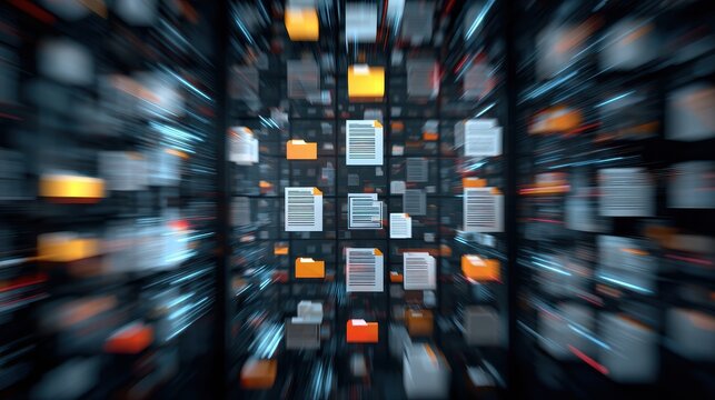 Digital data stream with documents and binary code flowing in a futuristic background of technology and innovation