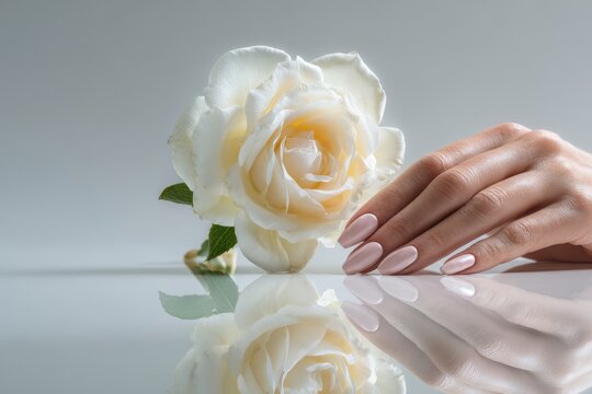 Elegant hand with polished nails resting beside a delicate white rose on a reflective surface in soft lighting - Powered by Adobe