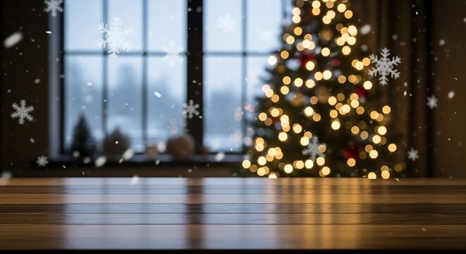 Empty wooden table surface with christmas tree bokeh lights and falling snowflakes by a window, ideal for festive product displays