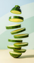 Fresh green squash, sliced into thin slices, floating in the air