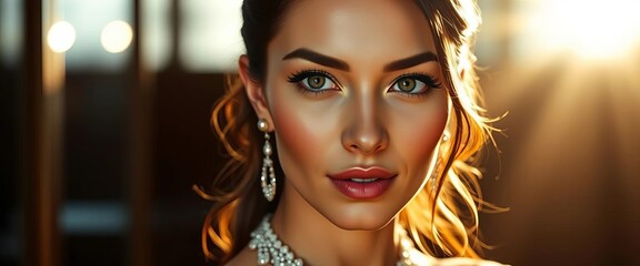 Radiant face, flawless skin, dark hair, elegant attire,  makeup,  timeless