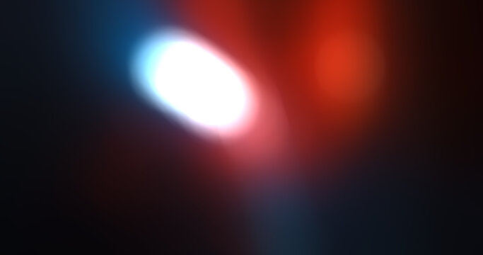 Abstract blurred background with bright white, red, and blue light leaks and lens flares on a dark backdrop, creating a vibrant glowing effect for graphic design.