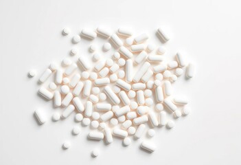 Scattered white pills on clean white background,  white,  supplements
