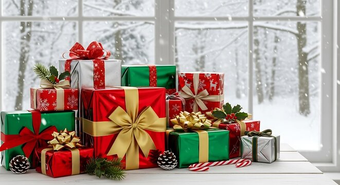 Vibrant christmas gift boxes elegantly arranged on a white wooden table, adorned with festive ribbons and bows, set against a cozy snowy window scene. - Powered by Adobe