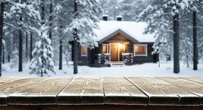Rustic wooden table with fresh snow in foreground, blurred cozy log cabin and snow-covered pine forest background for winter product display