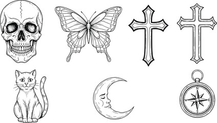 Skull illustration, butterfly drawing, Christian cross symbols, sitting cat artwork, crescent moon face, compass design, black white vector art