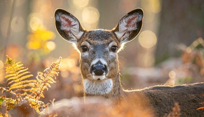 A close-up portrait of a white-tailed deer in a forest, bathed in warm sunlight filtering through the trees, with ferns in the foreground.