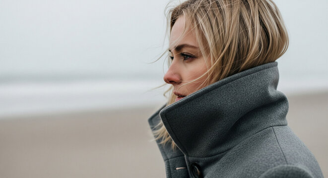 a lonely woman in a coat with the collar turned up on a deserted winter beach