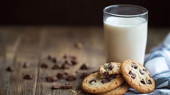 A glass of milk sits next to a plate of warm chocolate chip cookies on a rustic wooden table, creating a comforting and inviting scene.