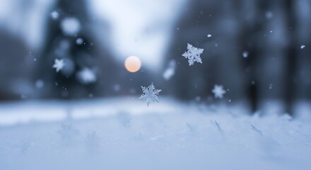 Close-up of delicate snowflakes falling and resting on pristine snow surface, showcasing intricate ice crystals with a blurred winter forest and subtle golden bokeh light.