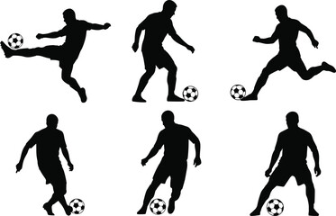 Soccer player silhouette, football action pose, black figure kicking ball, dynamic sports movement, dribbling, passing, shooting, athletic illustration, vector art