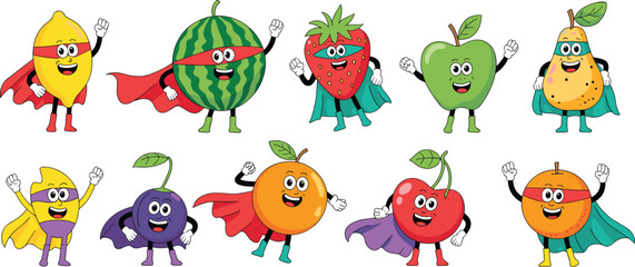 Superhero fruits cartoon illustration, healthy food characters, kids nutrition concept, fun fruit heroes, vector art, smiling fruits, colorful design