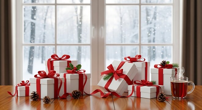 Elegant christmas gift boxes with red ribbons, pinecones, and holly on a rustic wooden table by a window with a snowy winter forest view and steaming mug