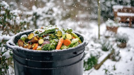 Snow-covered compost bin filled with vegetable scraps in a winter garden setting