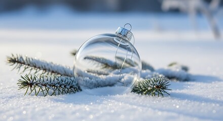 Clear glass christmas bauble reflecting snowy evergreen branches on fresh glistening white snow, creating a serene winter holiday atmosphere outdoors.
