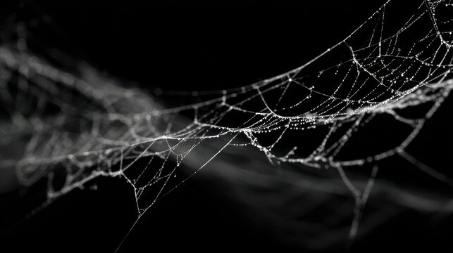 Delicate spider web glistening with dew in the early morning light