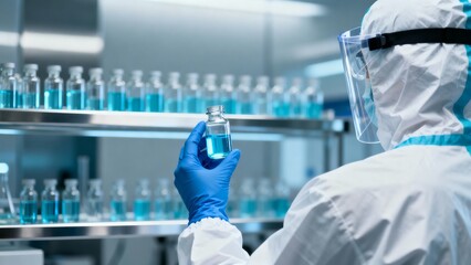 Fototapeta premium Scientist wearing face shield and blue gloves holding glass vial with clear blue liquid inside modern sterile laboratory environment