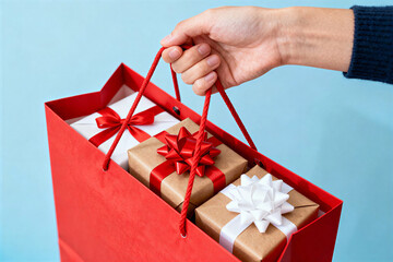 Happy hand holding red shopping bag full of christmas gift presents after successful financial online shopping spree