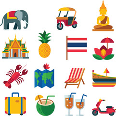 Thailand travel icons, cultural symbols, elephant, tuk tuk, Buddha statue, temple, pineapple, flag, lotus, lobster, map, beach, boat, suitcase, coconut, drinks, 