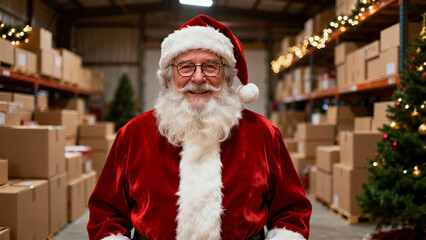 Happy Santa Claus in warehouse during christmas season handling financial tasks for online shopping and order fulfillment