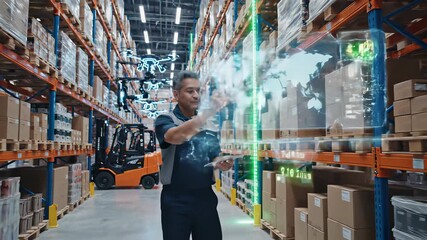Warehouse worker efficiently manages inventory with tablet computer in futuristic retail storage facility conceptually representing efficient supply chain logistics and e commerce solutions.