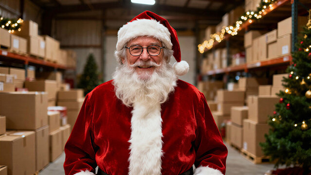 Happy Santa Claus in warehouse during christmas season handling financial tasks for online shopping and order fulfillment