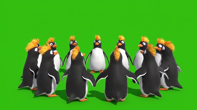 Cute 3D Cartoon Penguins Holding Hands in a Circle on Green Screen