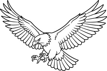 Obraz premium PrintMajestic eagle line art illustration, fierce raptor with wide wings spread, detailed flying bird drawing, powerful predator outline design vector
