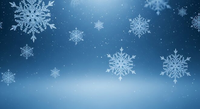 Elegant winter background with falling intricate snowflakes and shimmering light on a cool blue gradient, ideal for festive seasonal designs