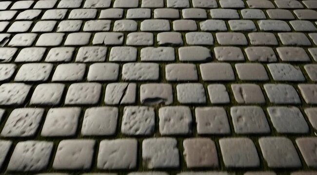 Detailed video showcasing classic cobblestone road surface with textured stones and subtle light