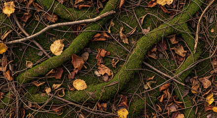 Mosscovered tree roots  scattered foliage create an earthy forest floor scene